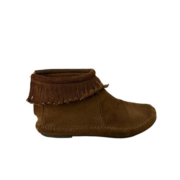 Minnetonka Moccasins Womens Brown Suede Fringe Boots Sz 6 Back Zip Hard Sole - Picture 4 of 9